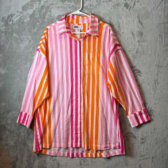 Beach Riot Alexa Striped Button Up Shirt Swim Cover Pink Women Large Cotton New - Picture 1 of 6
